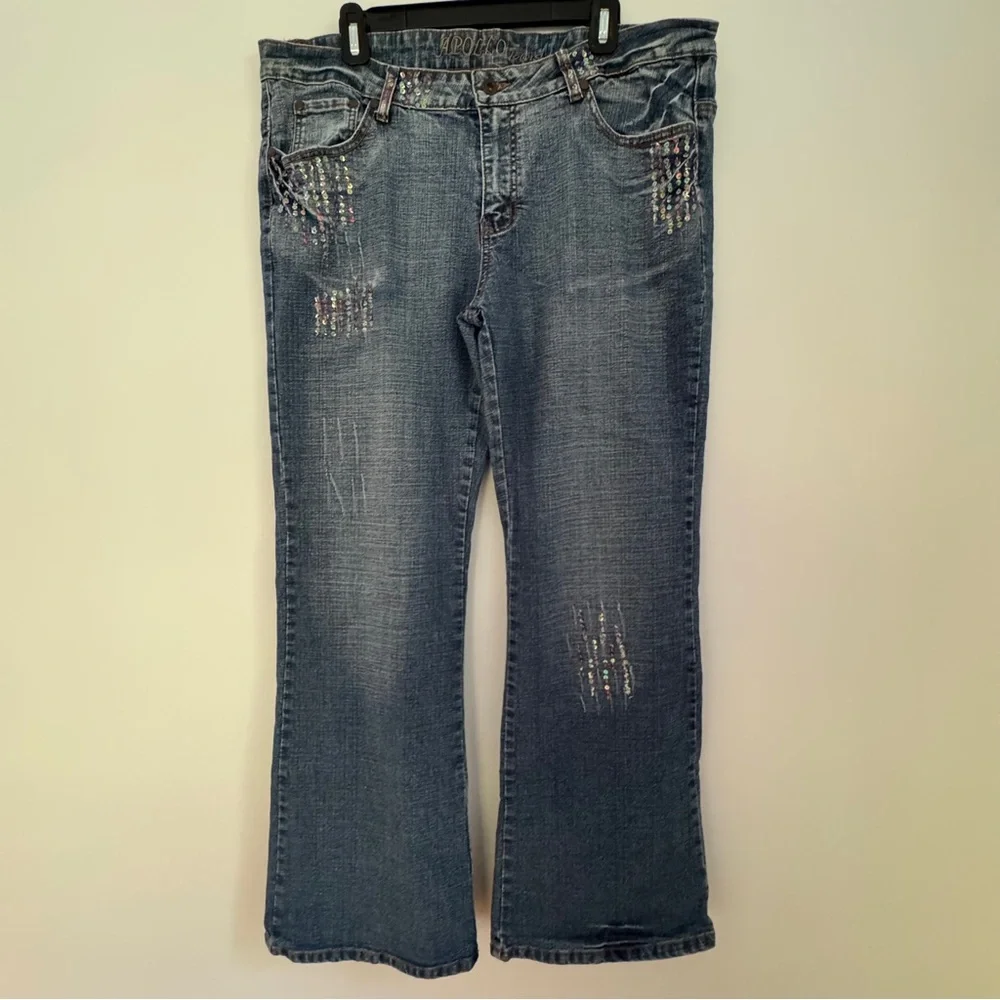 Apollo‎ Jeans Bootcut Blue Denim Rhinestone Embellished Distressed Women’s 18